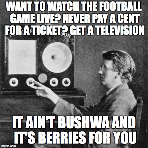 WANT TO WATCH THE FOOTBALL GAME LIVE? NEVER PAY A CENT FOR A TICKET? GET A TELEVISION; IT AIN'T BUSHWA AND IT'S BERRIES FOR YOU | image tagged in memes | made w/ Imgflip meme maker