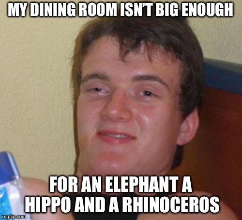 10 Guy Meme | MY DINING ROOM ISN’T BIG ENOUGH; FOR AN ELEPHANT A HIPPO AND A RHINOCEROS | image tagged in memes,10 guy | made w/ Imgflip meme maker