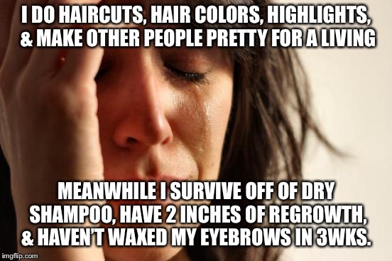 First World Problems | I DO HAIRCUTS, HAIR COLORS, HIGHLIGHTS, & MAKE OTHER PEOPLE PRETTY FOR A LIVING; MEANWHILE I SURVIVE OFF OF DRY SHAMPOO, HAVE 2 INCHES OF REGROWTH, & HAVEN’T WAXED MY EYEBROWS IN 3WKS. | image tagged in memes,first world problems | made w/ Imgflip meme maker