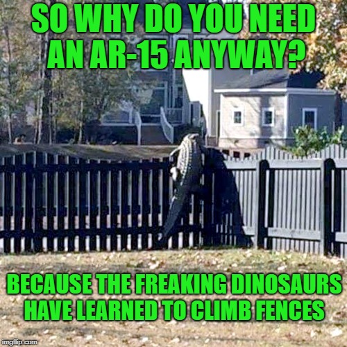why do you need an ar-15? | SO WHY DO YOU NEED AN AR-15 ANYWAY? BECAUSE THE FREAKING DINOSAURS HAVE LEARNED TO CLIMB FENCES | image tagged in dinosaurs | made w/ Imgflip meme maker