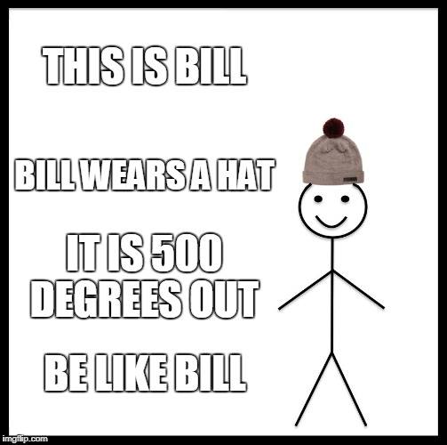 Be Like Bill Meme | THIS IS BILL; BILL WEARS A HAT; IT IS 500 DEGREES OUT; BE LIKE BILL | image tagged in memes,be like bill | made w/ Imgflip meme maker