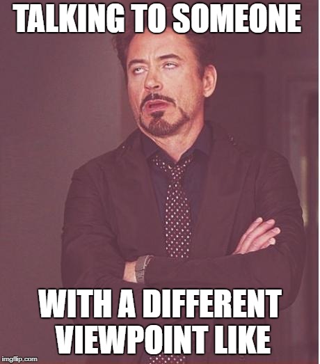 Face You Make Robert Downey Jr Meme | TALKING TO SOMEONE; WITH A DIFFERENT VIEWPOINT LIKE | image tagged in memes,face you make robert downey jr | made w/ Imgflip meme maker