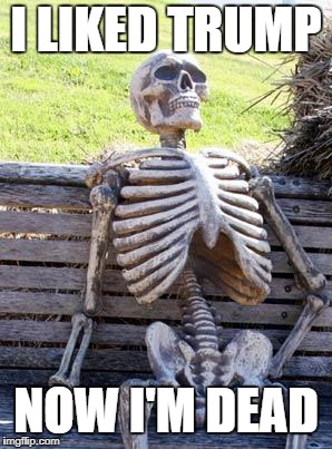 Waiting Skeleton Meme | I LIKED TRUMP; NOW I'M DEAD | image tagged in memes,waiting skeleton | made w/ Imgflip meme maker