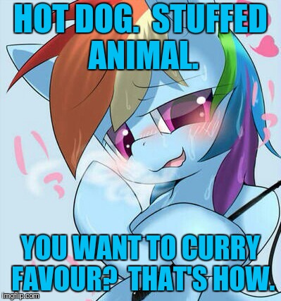HOT DOG.  STUFFED ANIMAL. YOU WANT TO CURRY FAVOUR?  THAT'S HOW. | made w/ Imgflip meme maker