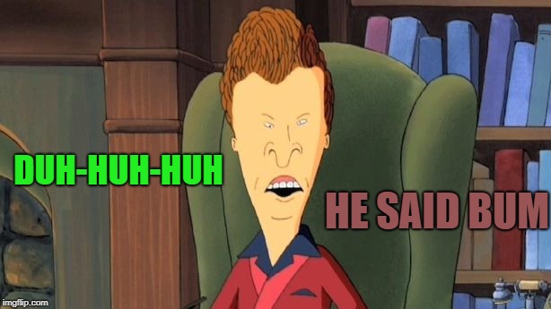 butthead | DUH-HUH-HUH HE SAID BUM | image tagged in butthead | made w/ Imgflip meme maker