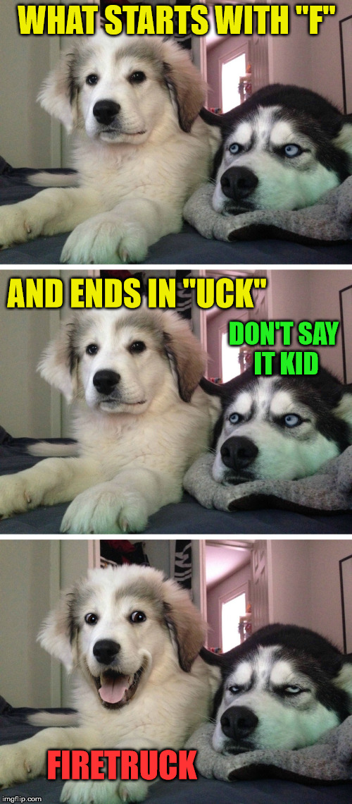 What were you thinking?! | WHAT STARTS WITH "F"; AND ENDS IN "UCK"; DON'T SAY IT KID; FIRETRUCK | image tagged in bad pun dogs,memes | made w/ Imgflip meme maker
