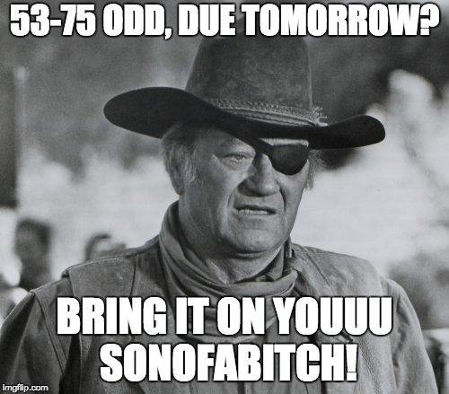 John Wayne as Rooster Cogburn | 53-75 ODD, DUE TOMORROW? BRING IT ON YOUUU SONOFABITCH! | image tagged in john wayne as rooster cogburn | made w/ Imgflip meme maker