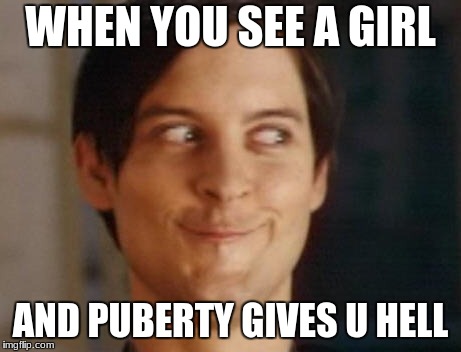 Spiderman Peter Parker Meme | WHEN YOU SEE A GIRL; AND PUBERTY GIVES U HELL | image tagged in memes,spiderman peter parker | made w/ Imgflip meme maker