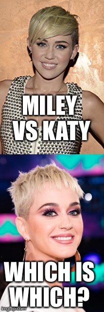 Am I the only one who thought miley was on the american idol? | MILEY VS KATY; WHICH IS WHICH? | image tagged in funny,katy perry,miley cyrus | made w/ Imgflip meme maker
