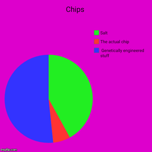 Chips |  Genetically engineered stuff, The actual chip, Salt | image tagged in funny,pie charts | made w/ Imgflip chart maker