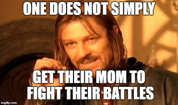 One Does Not Simply Meme | ONE DOES NOT SIMPLY GET THEIR MOM TO FIGHT THEIR BATTLES | image tagged in memes,one does not simply | made w/ Imgflip meme maker