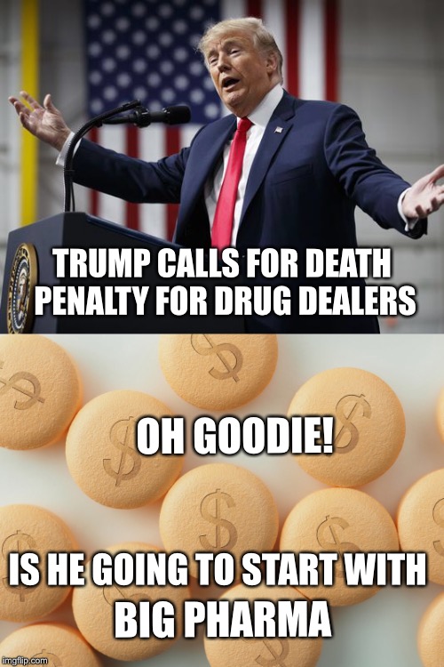 Start With.... | TRUMP CALLS FOR DEATH PENALTY FOR DRUG DEALERS; OH GOODIE! IS HE GOING TO START WITH; BIG PHARMA | image tagged in donald trump,drug dealers,big pharma,opioids,addiction,money | made w/ Imgflip meme maker