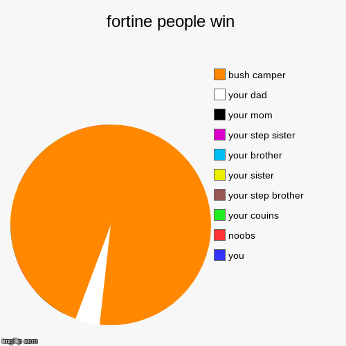 fortine people win | you, noobs, your couins, your step brother, your sister, your brother, your step sister, your mom, your dad, bush campe | image tagged in funny,pie charts | made w/ Imgflip chart maker