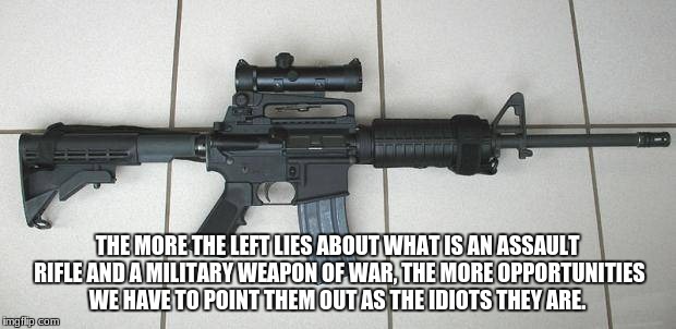 AR-15 | THE MORE THE LEFT LIES ABOUT WHAT IS AN ASSAULT RIFLE AND A MILITARY WEAPON OF WAR, THE MORE OPPORTUNITIES WE HAVE TO POINT THEM OUT AS THE IDIOTS THEY ARE. | image tagged in ar-15 | made w/ Imgflip meme maker