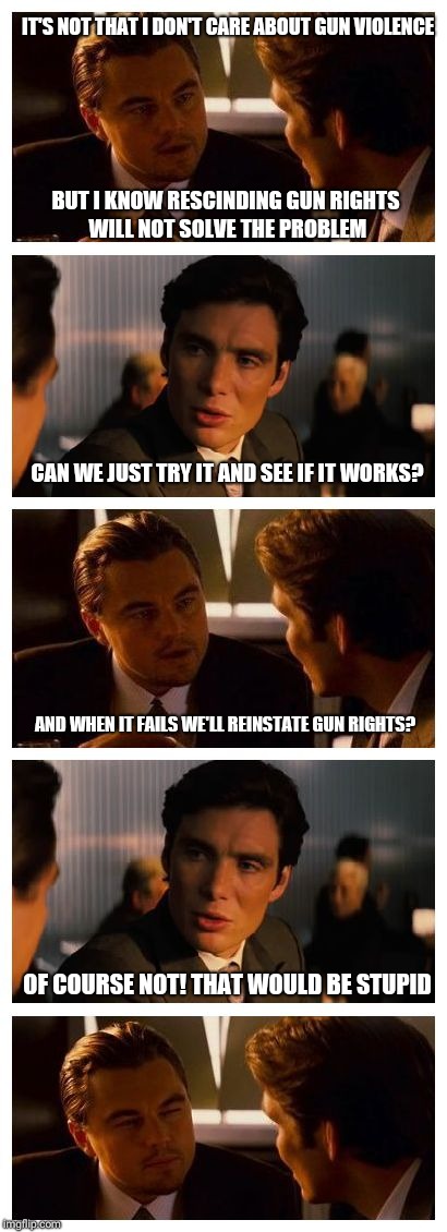 Leonardo Inception (Extended) | IT'S NOT THAT I DON'T CARE ABOUT GUN VIOLENCE; BUT I KNOW RESCINDING GUN RIGHTS WILL NOT SOLVE THE PROBLEM; CAN WE JUST TRY IT AND SEE IF IT WORKS? AND WHEN IT FAILS WE'LL REINSTATE GUN RIGHTS? OF COURSE NOT! THAT WOULD BE STUPID | image tagged in leonardo inception extended | made w/ Imgflip meme maker