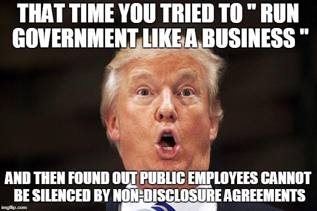 THAT TIME YOU TRIED TO " RUN GOVERNMENT LIKE A BUSINESS "; AND THEN FOUND OUT PUBLIC EMPLOYEES CANNOT BE SILENCED BY NON-DISCLOSURE AGREEMENTS | image tagged in trump | made w/ Imgflip meme maker
