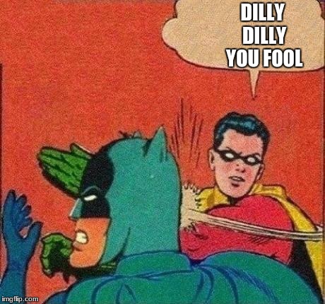 Robin Slaps Batman | DILLY DILLY YOU FOOL | image tagged in robin slaps batman | made w/ Imgflip meme maker