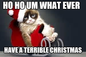 Grumpy Cat Christmas | HO HO UM WHAT EVER; HAVE A TERRIBLE CHRISTMAS | image tagged in grumpy cat christmas | made w/ Imgflip meme maker