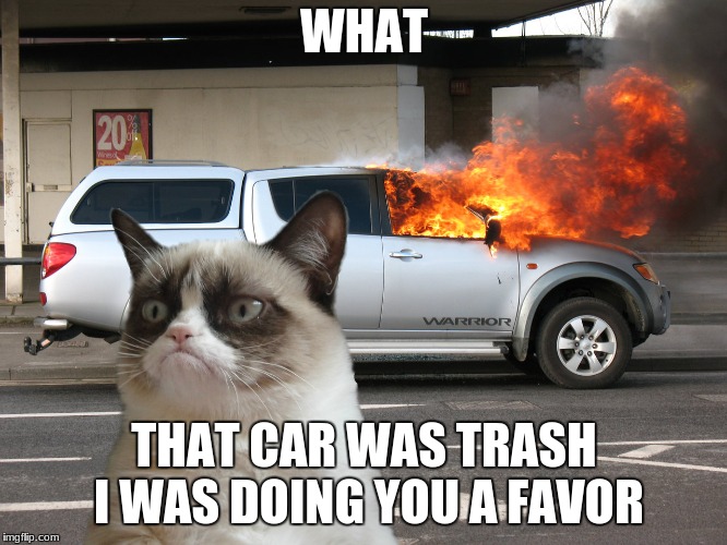 Grumpy Cat Fire Car | WHAT; THAT CAR WAS TRASH I WAS DOING YOU A FAVOR | image tagged in grumpy cat fire car | made w/ Imgflip meme maker