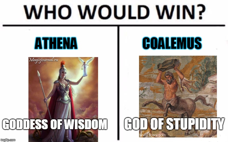 Who Would Win? Meme | ATHENA; COALEMUS; GOD OF STUPIDITY; GODDESS OF WISDOM | image tagged in memes,who would win | made w/ Imgflip meme maker