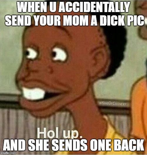 hol up | WHEN U ACCIDENTALLY SEND YOUR MOM A DICK PIC; AND SHE SENDS ONE BACK | image tagged in hol up | made w/ Imgflip meme maker