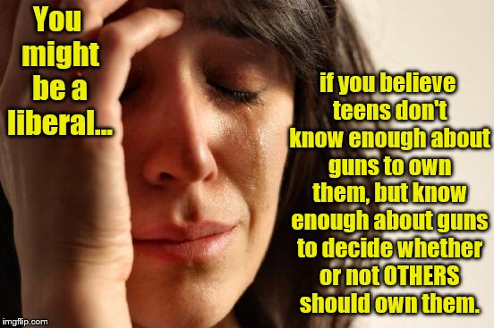 You might be a liberal... | if you believe teens don't know enough about guns to own them, but know enough about guns to decide whether or not OTHERS should own them. You might be a liberal... | image tagged in memes,stupid liberals,political meme,gun control,crazy liberals,democrats | made w/ Imgflip meme maker
