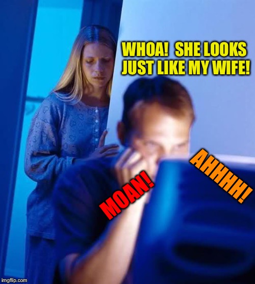"Rubs eyes". | WHOA!  SHE LOOKS JUST LIKE MY WIFE! AHHHH! MOAN! | image tagged in internet husband,memes,funny,movies | made w/ Imgflip meme maker