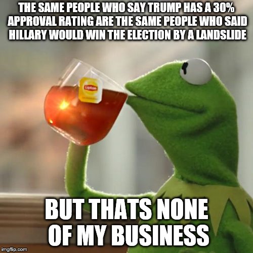 But That's None Of My Business Meme | THE SAME PEOPLE WHO SAY TRUMP HAS A 30% APPROVAL RATING ARE THE SAME PEOPLE WHO SAID HILLARY WOULD WIN THE ELECTION BY A LANDSLIDE; BUT THATS NONE OF MY BUSINESS | image tagged in memes,but thats none of my business,kermit the frog | made w/ Imgflip meme maker