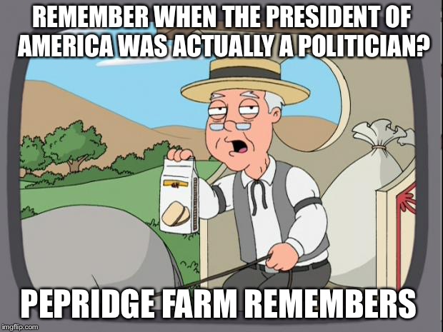 Pepridge farms | REMEMBER WHEN THE PRESIDENT OF AMERICA WAS ACTUALLY A POLITICIAN? PEPRIDGE FARM REMEMBERS | image tagged in pepridge farms | made w/ Imgflip meme maker