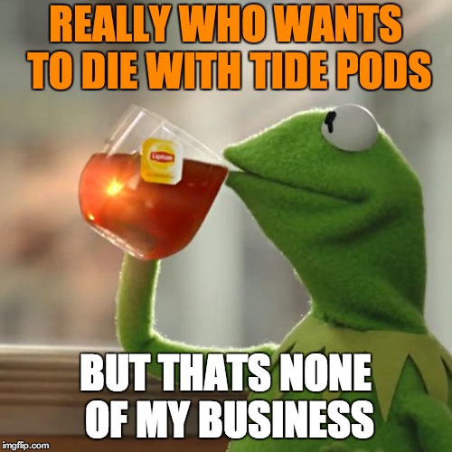 REALLY WHO WANTS TO DIE WITH TIDE PODS BUT THATS NONE OF MY BUSINESS | image tagged in memes,but thats none of my business,kermit the frog | made w/ Imgflip meme maker