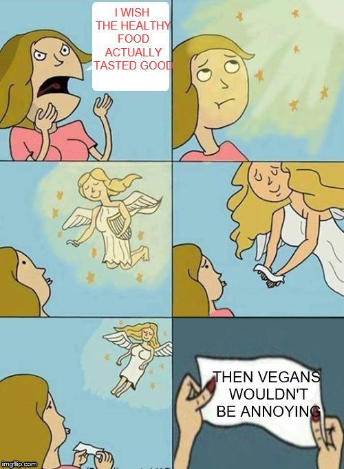 We don't care | I WISH THE HEALTHY FOOD ACTUALLY TASTED GOOD; THEN VEGANS WOULDN'T BE ANNOYING | image tagged in we don't care | made w/ Imgflip meme maker