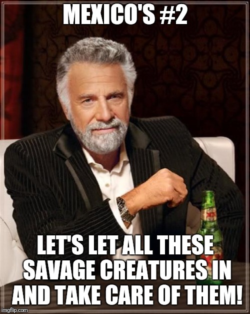 The Most Interesting Man In The World Meme | MEXICO'S #2 LET'S LET ALL THESE SAVAGE CREATURES IN AND TAKE CARE OF THEM! | image tagged in memes,the most interesting man in the world | made w/ Imgflip meme maker