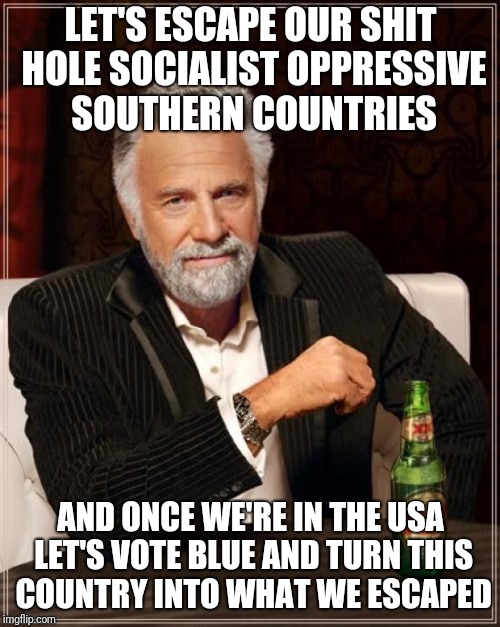 The Most Interesting Man In The World Meme | LET'S ESCAPE OUR SHIT HOLE SOCIALIST OPPRESSIVE SOUTHERN COUNTRIES AND ONCE WE'RE IN THE USA LET'S VOTE BLUE AND TURN THIS COUNTRY INTO WHAT | image tagged in memes,the most interesting man in the world | made w/ Imgflip meme maker