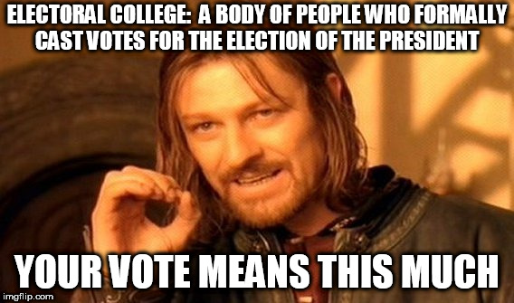 One Does Not Simply Meme | ELECTORAL COLLEGE:  A BODY OF PEOPLE WHO FORMALLY CAST VOTES FOR THE ELECTION OF THE PRESIDENT; YOUR VOTE MEANS THIS MUCH | image tagged in memes,one does not simply | made w/ Imgflip meme maker