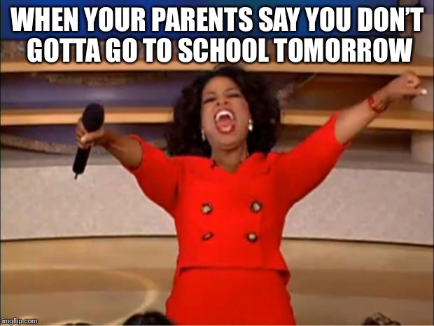 Oprah You Get A Meme | WHEN YOUR PARENTS SAY YOU DON’T GOTTA GO TO SCHOOL TOMORROW | image tagged in memes,oprah you get a | made w/ Imgflip meme maker