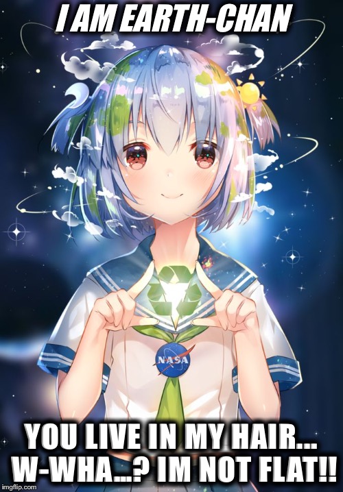 Earth-chan | I AM EARTH-CHAN; YOU LIVE IN MY HAIR... W-WHA…? IM NOT FLAT!! | image tagged in earth-chan | made w/ Imgflip meme maker