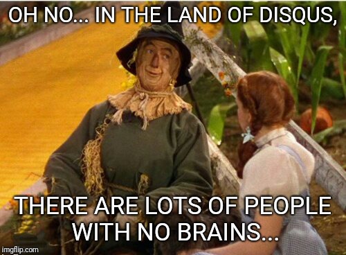 Disqus | OH NO... IN THE LAND OF DISQUS, THERE ARE LOTS OF PEOPLE WITH NO BRAINS... | image tagged in no brainer,memes,oz,scarecrow,dorothy,group chats | made w/ Imgflip meme maker