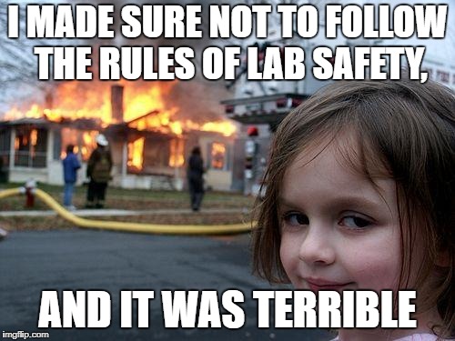 Disaster Girl | I MADE SURE NOT TO FOLLOW THE RULES OF LAB SAFETY, AND IT WAS TERRIBLE | image tagged in memes,disaster girl | made w/ Imgflip meme maker