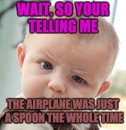 Skeptical Baby Meme | WAIT, SO YOUR TELLING ME; THE AIRPLANE WAS JUST A SPOON THE WHOLE TIME | image tagged in memes,skeptical baby | made w/ Imgflip meme maker