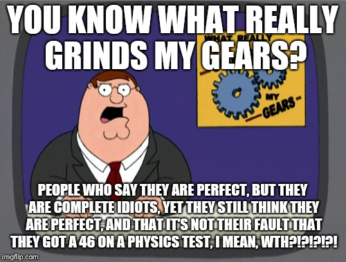 Peter Griffin News Meme | YOU KNOW WHAT REALLY GRINDS MY GEARS? PEOPLE WHO SAY THEY ARE PERFECT, BUT THEY ARE COMPLETE IDIOTS, YET THEY STILL THINK THEY ARE PERFECT, AND THAT IT'S NOT THEIR FAULT THAT THEY GOT A 46 ON A PHYSICS TEST, I MEAN, WTH?!?!?!?! | image tagged in memes,peter griffin news | made w/ Imgflip meme maker