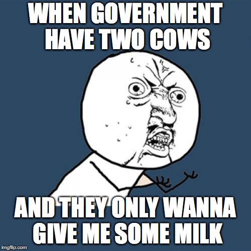 Y U No Meme | WHEN GOVERNMENT HAVE TWO COWS; AND THEY ONLY WANNA GIVE ME SOME MILK | image tagged in memes,y u no | made w/ Imgflip meme maker