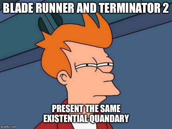 Futurama Fry Meme | BLADE RUNNER AND TERMINATOR 2; PRESENT THE SAME EXISTENTIAL QUANDARY | image tagged in memes,futurama fry | made w/ Imgflip meme maker