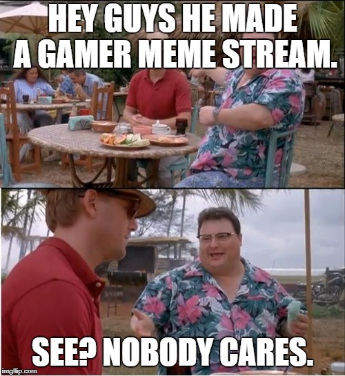 See Nobody Cares | HEY GUYS HE MADE A GAMER MEME STREAM. SEE? NOBODY CARES. | image tagged in memes,see nobody cares | made w/ Imgflip meme maker