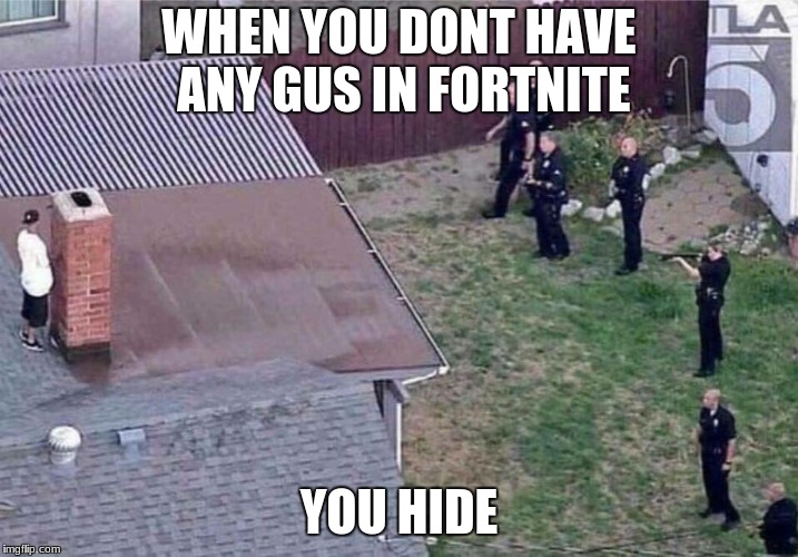 Fortnite meme | WHEN YOU DONT HAVE ANY GUS IN FORTNITE; YOU HIDE | image tagged in fortnite meme | made w/ Imgflip meme maker