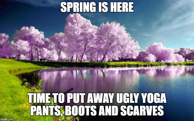 Spring | SPRING IS HERE; TIME TO PUT AWAY UGLY YOGA PANTS, BOOTS AND SCARVES | image tagged in spring | made w/ Imgflip meme maker