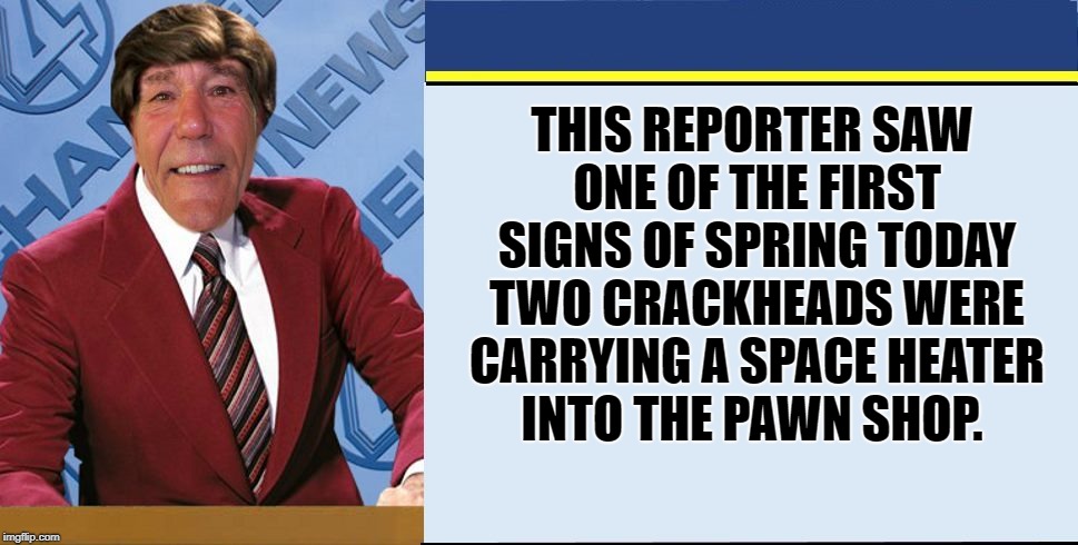 this reporter saw one of the first signs of spring today | THIS REPORTER SAW ONE OF THE FIRST SIGNS OF SPRING TODAY TWO CRACKHEADS WERE CARRYING A SPACE HEATER INTO THE PAWN SHOP. | image tagged in coollews views | made w/ Imgflip meme maker