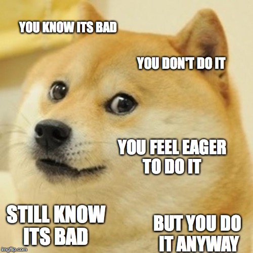 Doge | YOU KNOW ITS BAD; YOU DON'T DO IT; YOU FEEL EAGER TO DO IT; STILL KNOW ITS BAD; BUT YOU DO IT ANYWAY | image tagged in memes,doge | made w/ Imgflip meme maker