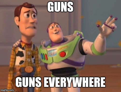 X, X Everywhere Meme | GUNS; GUNS EVERYWHERE | image tagged in memes,x x everywhere | made w/ Imgflip meme maker