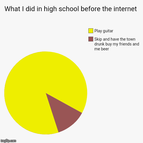 What I did in high school before the internet | Skip and have the town drunk buy my friends and me beer, Play guitar | image tagged in funny,pie charts | made w/ Imgflip chart maker