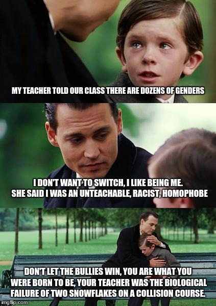 Finding Neverland Meme | MY TEACHER TOLD OUR CLASS THERE ARE DOZENS OF GENDERS; I DON'T WANT TO SWITCH, I LIKE BEING ME.  SHE SAID I WAS AN UNTEACHABLE, RACIST, HOMOPHOBE; DON'T LET THE BULLIES WIN, YOU ARE WHAT YOU WERE BORN TO BE, YOUR TEACHER WAS THE BIOLOGICAL FAILURE OF TWO SNOWFLAKES ON A COLLISION COURSE. | image tagged in memes,finding neverland | made w/ Imgflip meme maker